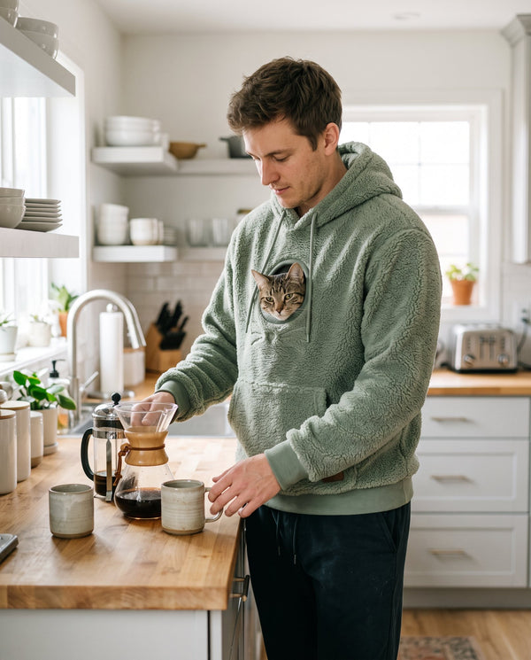 Man making coffee with a cat in his Polar Pouch hoodie