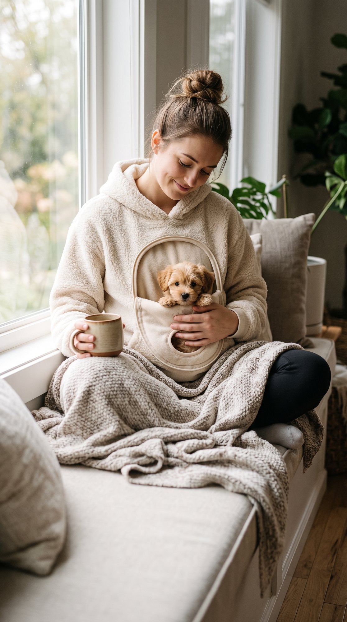 Woman with a puppy in a Polar Pouch hoodie