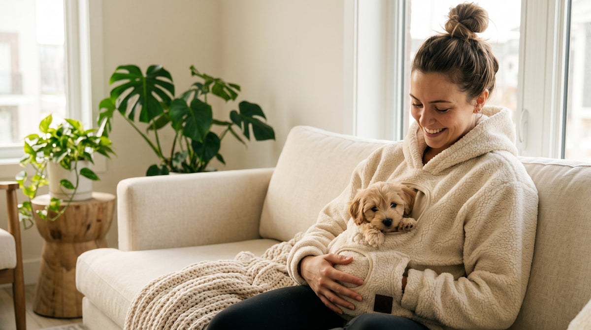 Woman on a sofa with a puppy in a Polar Pouch hoodie