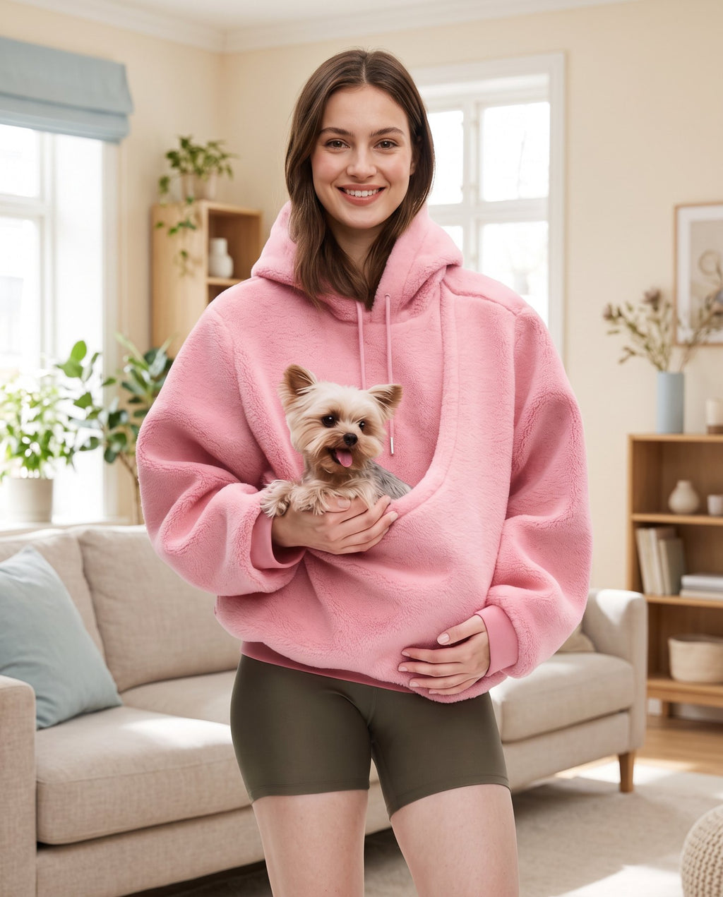 The Classic Pouch Hoodie with a puppy in the pouch