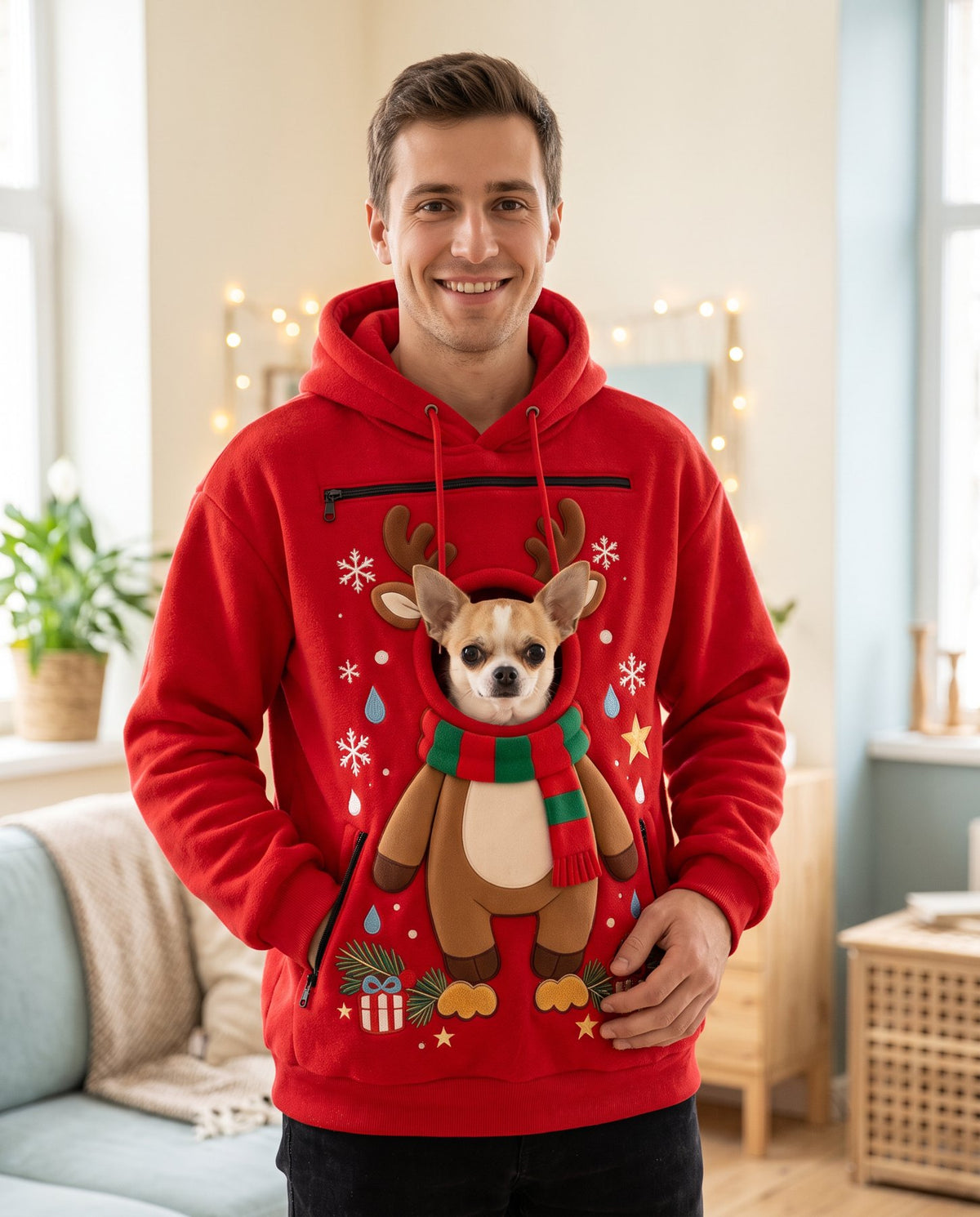 The Festive Pouch Hoodie with a Chihuahua peeking out