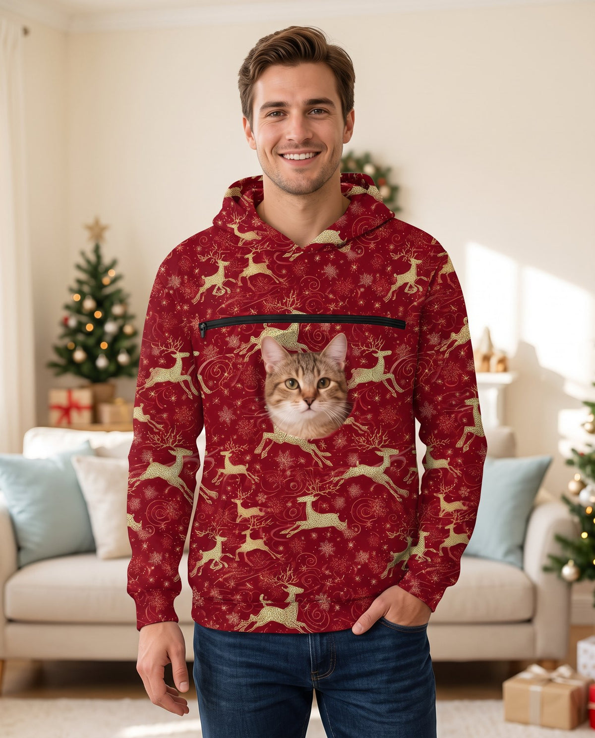 The Holiday Pouch Hoodie with a cat in the pocket