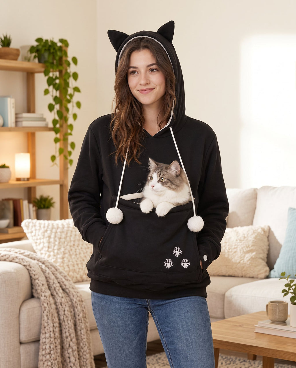 The Kitty Ears Pouch Hoodie with a cat in the pouch