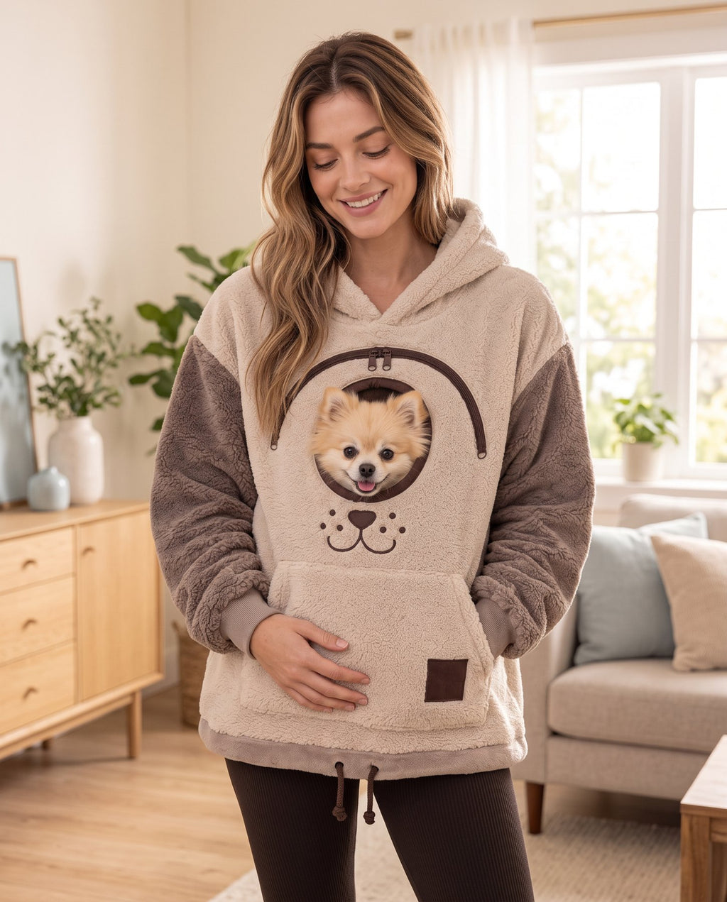 The Teddy Sherpa Pouch Hoodie with a Pomeranian peeking out