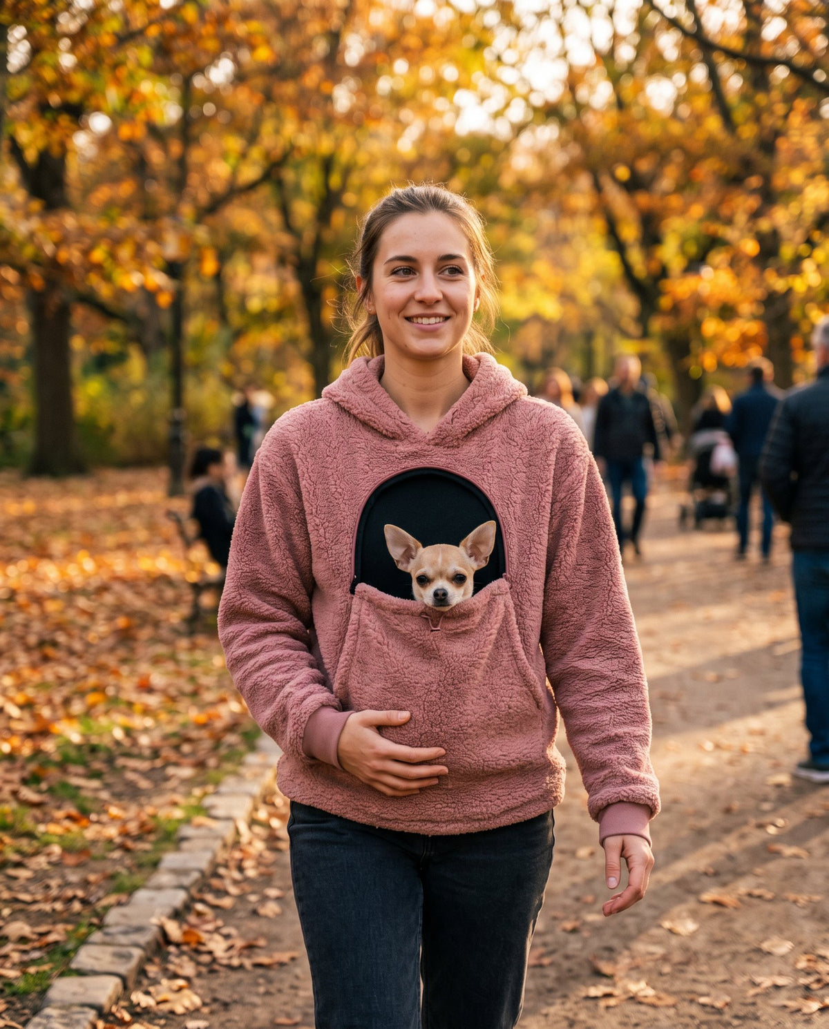 Woman walking in the park with a chihuahua in her pouch hoodie