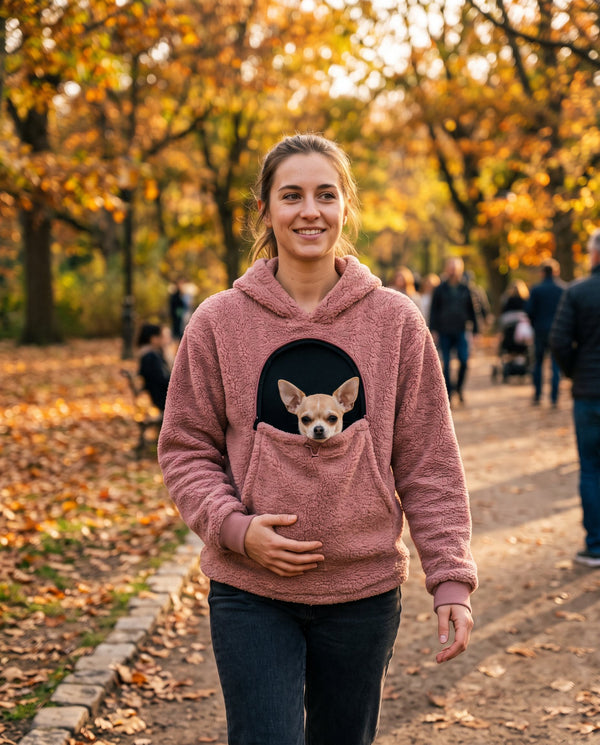 Woman walking with a chihuahua in her Polar Pouch hoodie