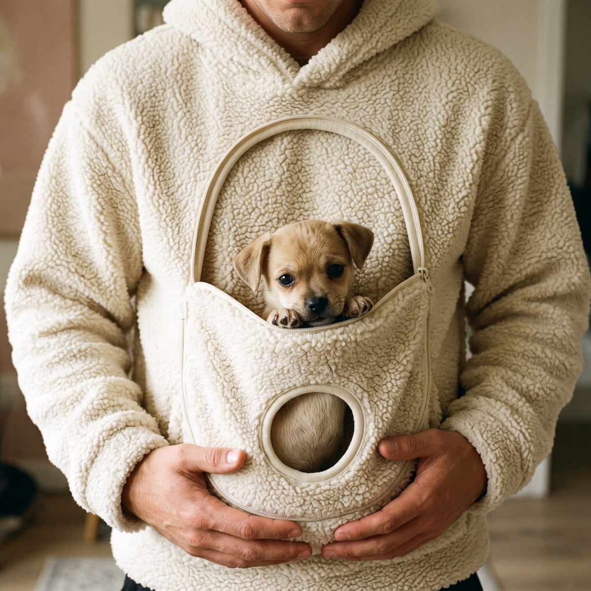 Puppy peeking out of a cream pouch hoodie